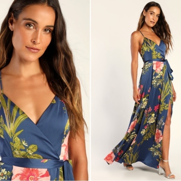 LULU's Floral Sexy Romantic Flowy Floral Wedding Formal Event Satin Maxi - Picture 6 of 6